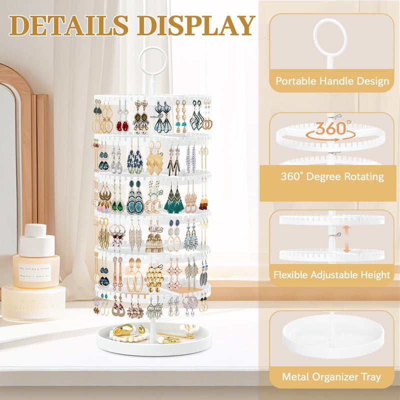 MODOWEY 6 Tier Rotating Earring Holder Organizer Display Tree with Metal Tray, Adjustable Plastic Stand with 342 Slots for Stud Hoop Hanger, Large Capacity Storage Rack for Women Space-Saving, White - Image 4